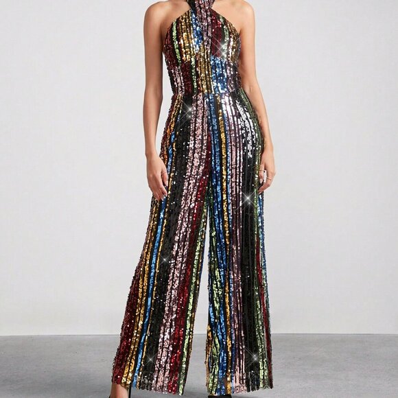 Rainbow Multicolor Sequin Party Halter Neck Women's Jumpsuit - Picture 4 of 7